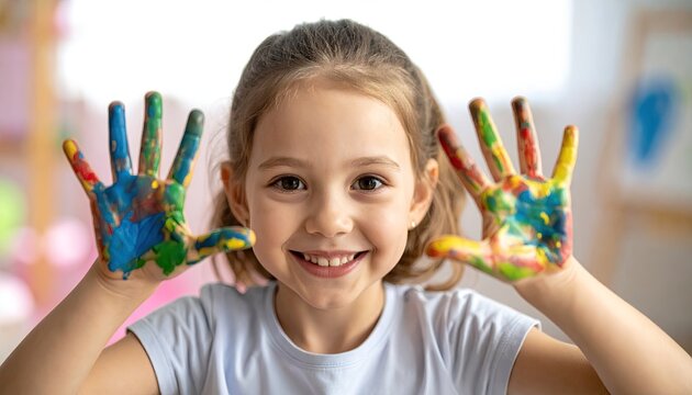 Child with colorful painted hands smiling joyfully showing creativity concept