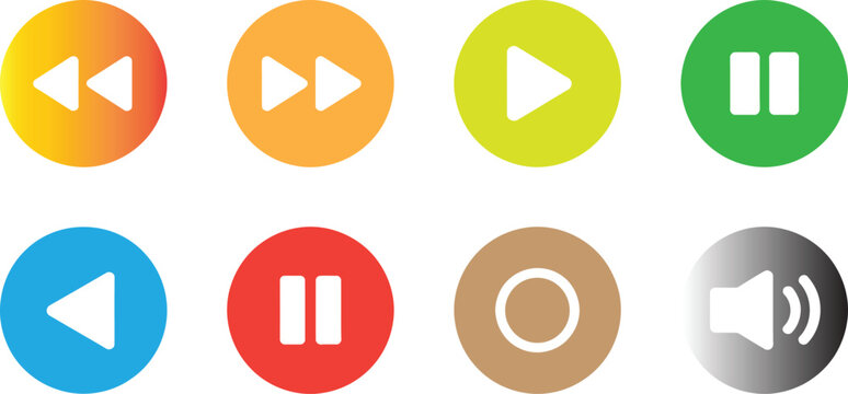Media player button vector illustration set with colorful circle playback icons.