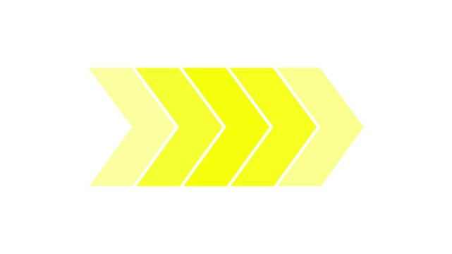Five yellow arrows pointing right in a row forming a simple directional sign or progress indicator symbol for web design and digital graphic user interface layouts