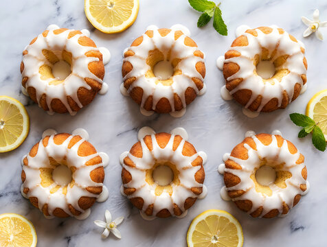 Six miniature bundt-style lemon pound cakes with white icing drips, neatly arranged on a white marble countertop