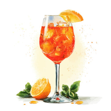 Watercolor Aperol Spritz vector, artistic painting style, high-resolution illustration on a pure white background.