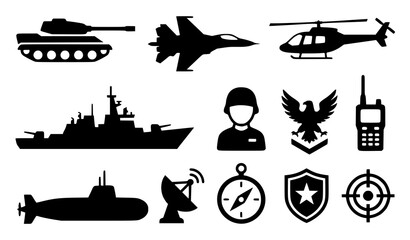 Military and Armed Forces Solid Silhouette Icon Set Featuring Tank Jet Helicopter Battleship Submarine Soldier and Defense Emblem Symbols © Hosneara