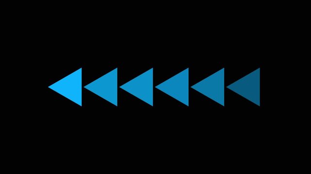 A row of six blue triangles pointing to the left on a solid black background representing a digital rewind or fast backward media control button symbol for user interface design and web graphics