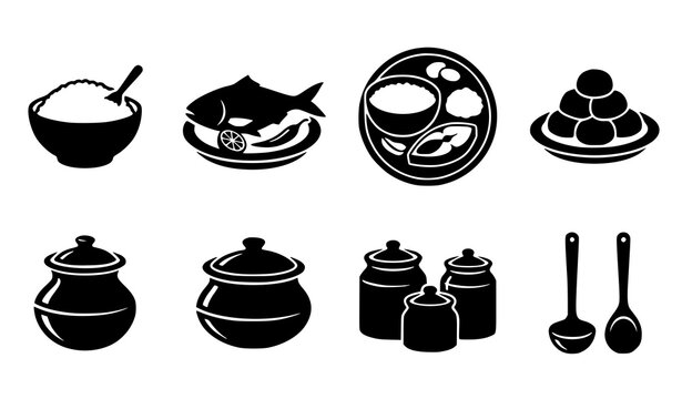 Traditional Bengali Food and Clay Pottery Silhouette Icon Collection Vector Illustration