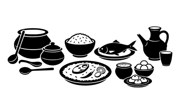 Black Silhouette Bengali Food and Pottery Icon Set Rice Hilsa Fish and Cultural Elements Vector Illustration