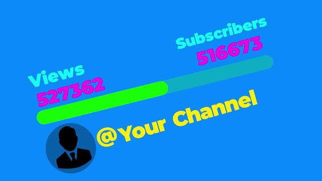 Social media channel analytics dashboard showing views and subscriber count growth progress bar with user profile icon on bright blue background for digital marketing and content creator growth