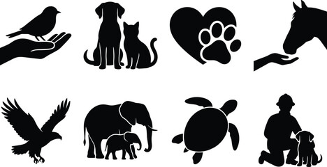 Animal Protection Silhouette Collection with Wildlife Rescue Pet Care and Nature Vector Elements © Marzina