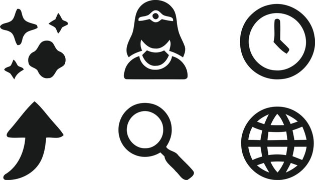 Black icons set with stars, ninja, clock, arrow, magnifier, globe