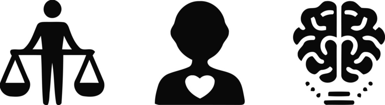Black silhouettes of justice, heart and brain icons