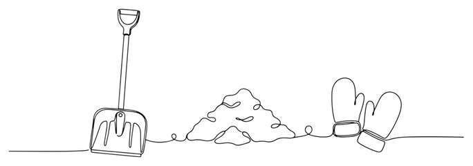 Snow shovel with pile of snow and winter mittens in continuous one line drawing style © Mago
