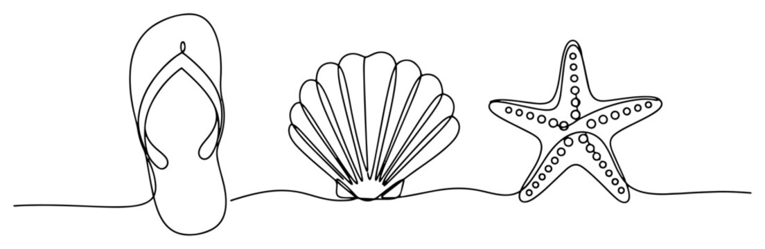 Flip flop with seashell and starfish in continuous one line art style