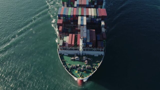 Aerial view of cargo ship transporting containers across the ocean, industrial maritime logistics and global trade, large freighter vessel on blue sea