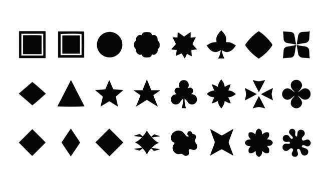 Vector illustration of set of various black geometric shapes and symbols on a transparent background