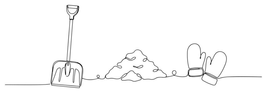 Snow shovel with pile of snow and winter mittens in continuous one line drawing style