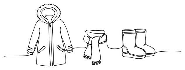 Winter jacket scarf and boots set in continuous one line drawing style © Mago