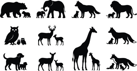 Wild Animal Family Silhouette Collection with Safari Wildlife and Nature Conservation Vector Design © Marzina