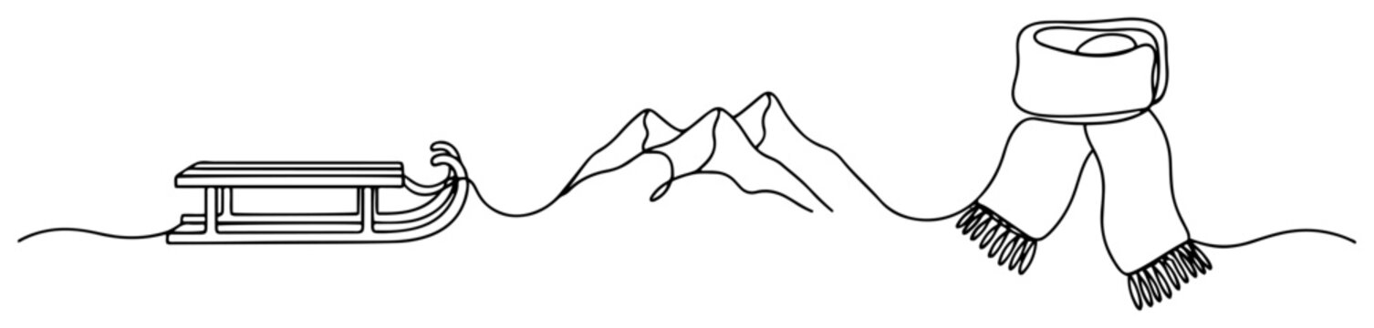Sled mountains and winter scarf in continuous one line art style