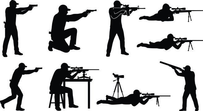 Military Soldier Shooting Silhouette Collection with Tactical Training Poses and Sniper Action Vector Design