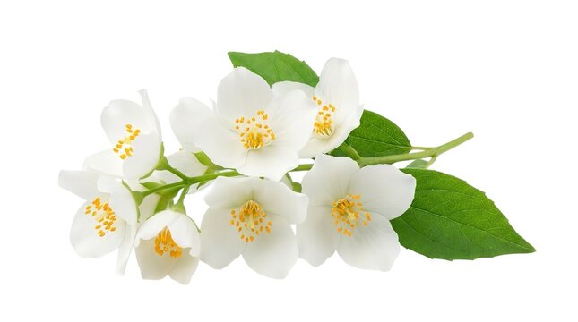 Beautiful delicate white jasmine flowers with green leaves arranged in a studio shot on white background