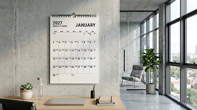 January 2027 calendar annual planner page on concrete wall in contemporary office interior.
