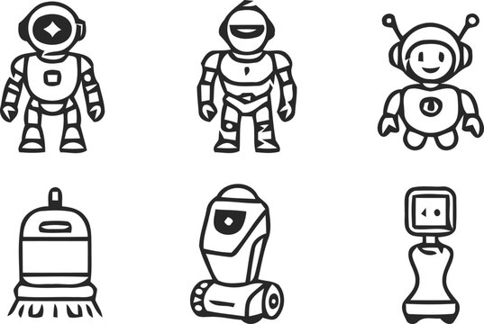 Black and white robot and vacuum line icons