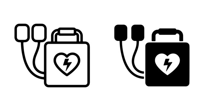 Defibrillator Icons, Medical Emergency Equipment, Cardiac Arrest Device, AED Symbol, Health Care Vector Set