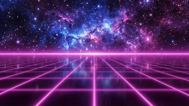 Retro synthwave neon grid landscape with deep space nebula background, 80s style, motion retrowave