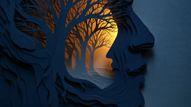 Layered paper cut profile with forest growing inside the mind, symbolizing mental health, inner healing, emotional resilience, self discovery, mindfulness, hope and personal growth.