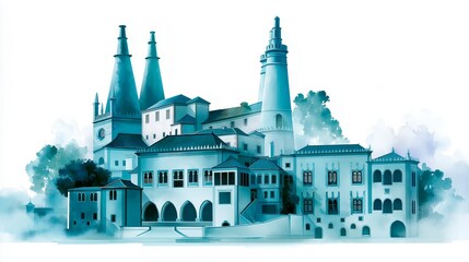 Obraz premium Digital watercolor illustration of historic architectural landmark with towers and intricate windows set in lush greenery bright artistic composition