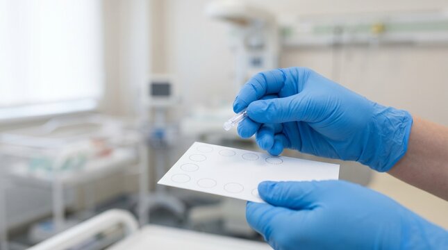 Clinician applying reagent drops to allergy test card in pediatric clinic, concept of allergy screening, immunology diagnostics and point of care testing.