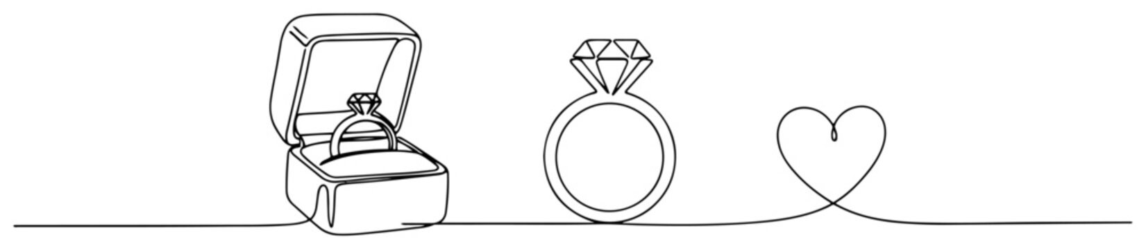 Diamond engagement ring in box with heart symbol in continuous one line drawing style