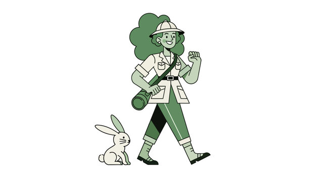 Cartoon woman in lab coat holding test tube with rabbit.