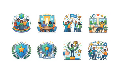 Fototapeta premium Colorful vector illustration set showing diverse business teamwork and professional success