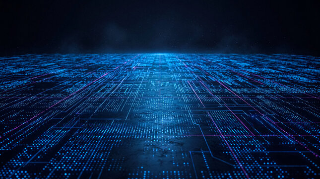 Abstract digital circuit board pattern with glowing blue lights