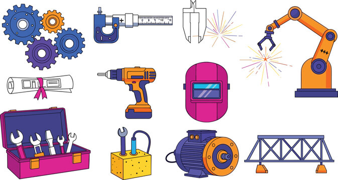 Mechanical Engineering Vector Icon Set with Robotic Arms Gears Electric Drills Toolboxes Motors and Manufacturing Equipment Illustrations