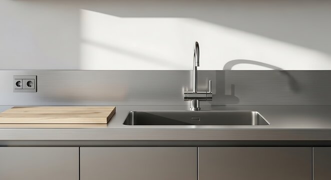 A modern kitchen interior featuring a sleek cimento queimado style stainless steel countertop with a minimalist faucet and wooden cutting board layout