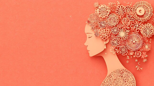 Woman with intricate floral patterned headscarf and gold circular earring on orange background