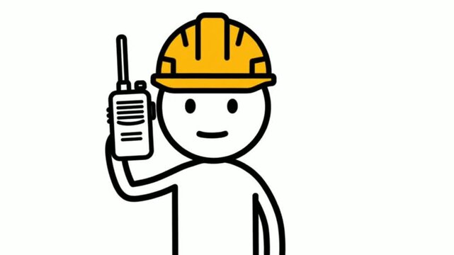 Cartoon construction worker character talking on walkie talkie radio animation walkie-talkie