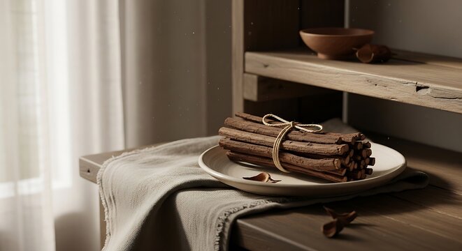 A bundle of cinchona bark tied with string resting on a ceramic plate on a wooden table with soft morning light in a tranquil rustic minimalist interior