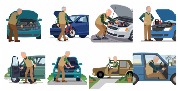 Senior man performing car maintenance, jump starting battery, and driving vehicle, vector illustration set