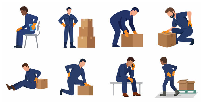 Manual workers suffering from back pain and spinal injuries during heavy lifting in warehouse, ergonomic safety and occupational health concept vector illustration.