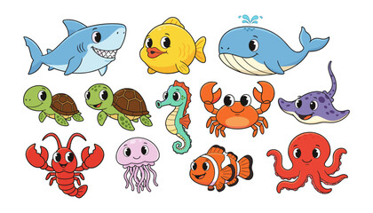 Cartoon ocean life and sea creatures set with creatures underwater jellyfish © MonwaraStock