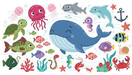 Cute cartoon sea animals collection set with jellyfish illustration wildlife © MonwaraStock