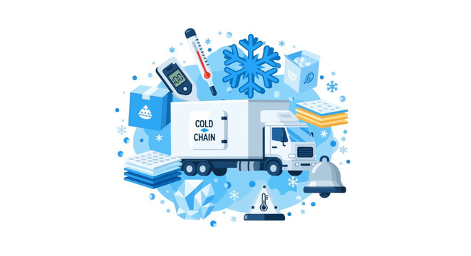 Cold Chain Logistics and Temperature Controlled Transport Concept Illustration with Refrigerated Truck, Thermometer, and Frozen Goods Icons