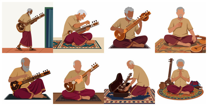 Elderly Indian musician with Sitar set, traditional classical music practice, tuning, and caring for instrument, vector illustration