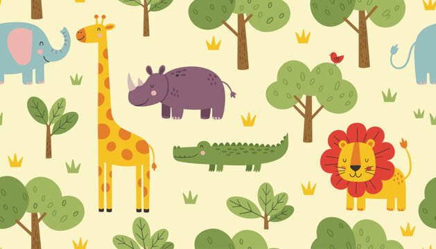 Seamless pattern of african wildlife animals in nature with wildlife, seamless