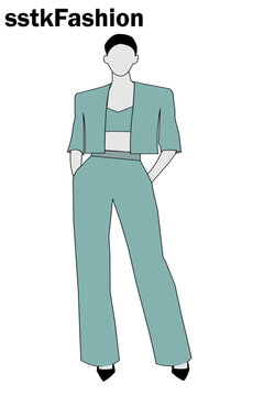 Woman in modern teal green three-piece outfit with cropped jacket and wide-leg pants fashion.  Resizable and editable, EPS 10.