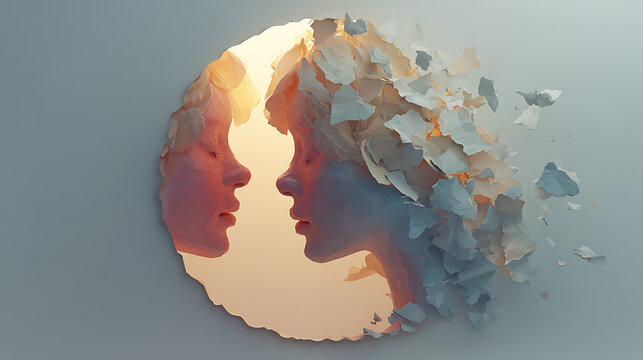 Abstract faces confronting inner emotions symbolize identity, self reflection and mental health recovery, representing emotional healing, acceptance, resilience, therapy and personal growth