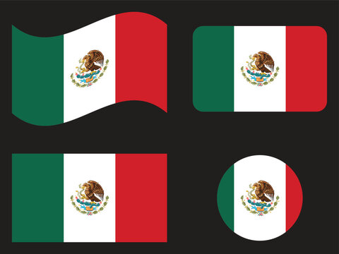 Mexico Flag Icons Collection with Waving, Rounded Square, Rectangle and Circle Shapes Vector Illustration