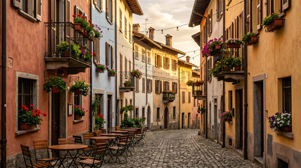 Fototapeta premium Picturesque European alley, colorful facades, outdoor cafe setting, soft warm light, peaceful travel destination